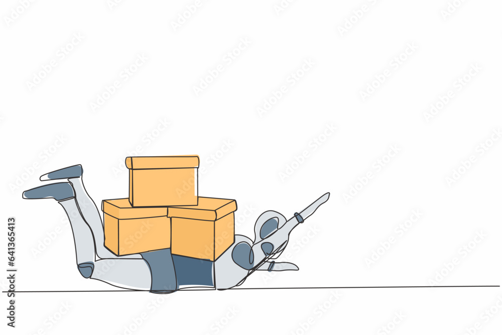 Poster continuous one line drawing stressed robot under heavy pile of box burden. overworked robot with sta