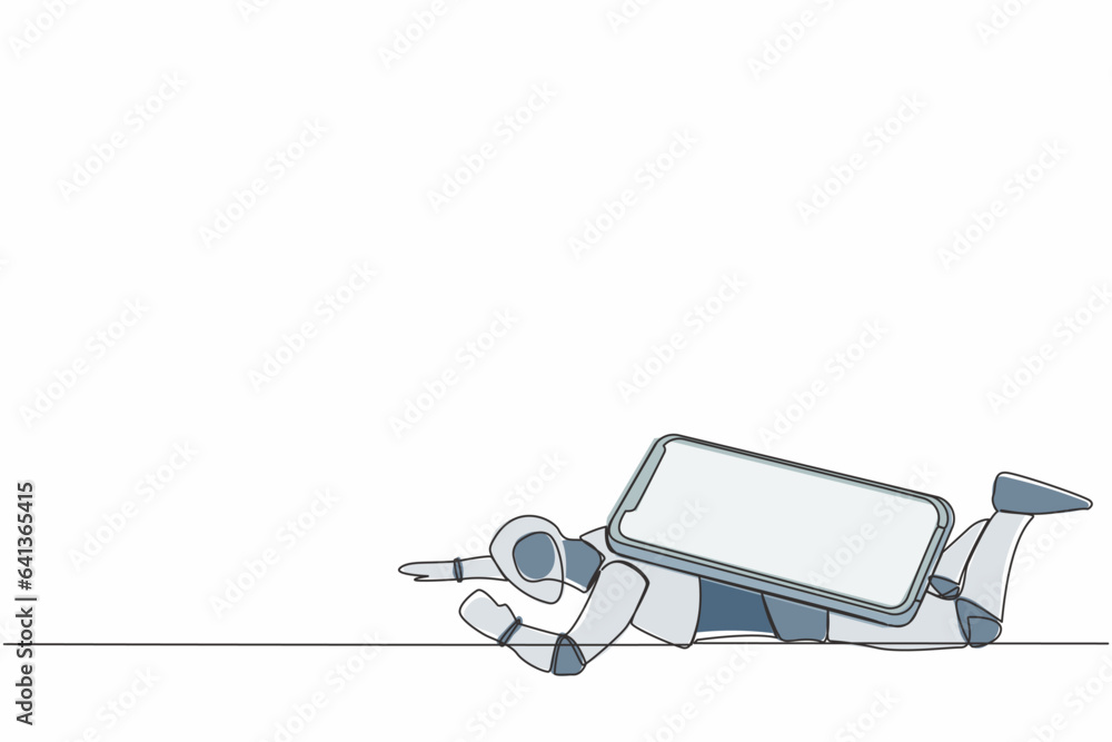 Poster single one line drawing stressed robot under heavy smartphone burden. frustration due to overworked 