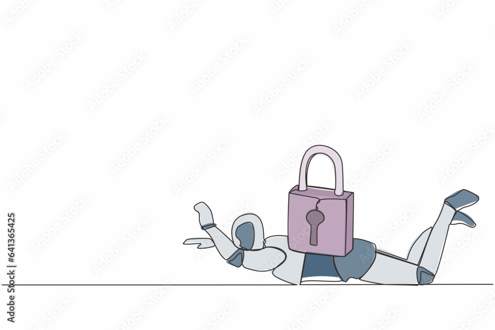 Aufkleber single one line drawing stressed robot under heavy lock pad burden. tech industry bankruptcy in covi