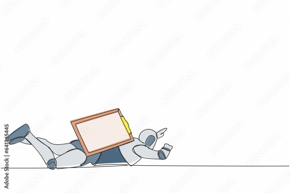 Poster continuous one line drawing stress robot under heavy clipboard burden. busy robot with checklist tas