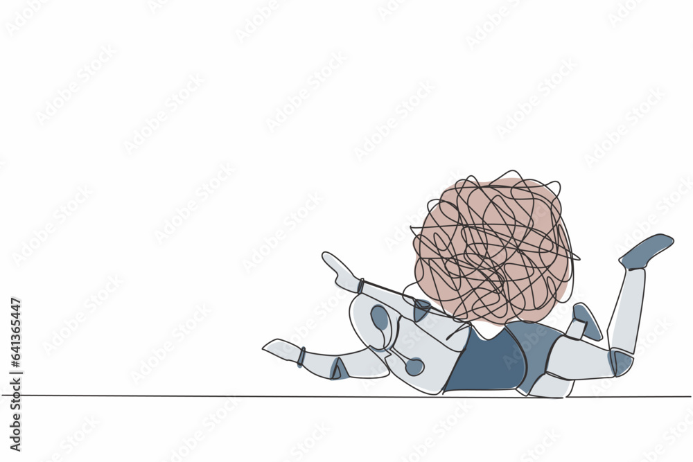 Aufkleber single continuous line drawing stressed robot under heavy messy line burden. anxiety from work diffi