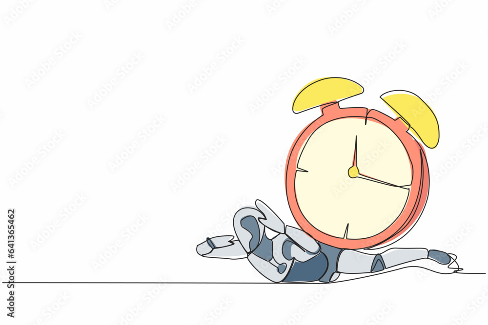 Poster single one line drawing stressed robot under heavy alarm clock burden. work pressure at tech busines