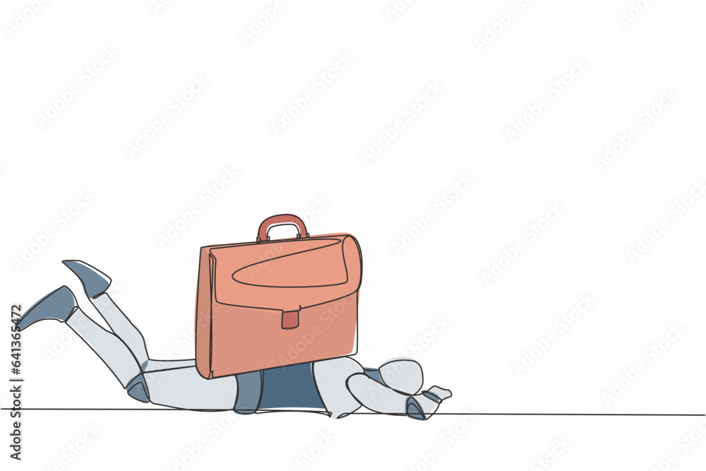 Poster single continuous line drawing stressed robot under heavy briefcase burden. pressure from too much r