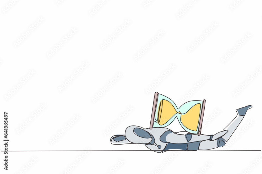 Poster single one line drawing stressed robot under heavy hourglass burden. robot with deadline problem ope