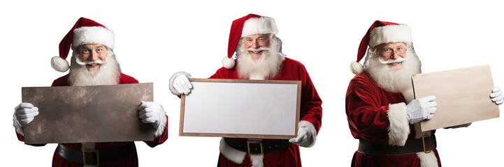 Naklejka premium Santa Claus pointing at a white sign isolated on a transparent background