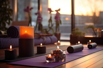 Yoga mats, blocks, and candles set in a peaceful environment - Mindfulness and Balance - AI Generated - obrazy, fototapety, plakaty