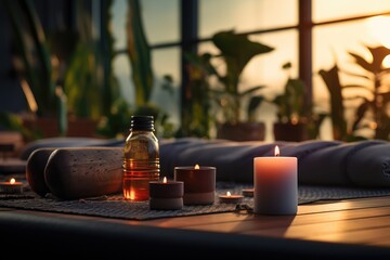 Yoga mats, blocks, and candles set in a peaceful environment - Mindfulness and Balance - AI Generated