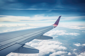 An airplane wing against the backdrop of a cloudy sky - Journey Ahead  - AI Generated