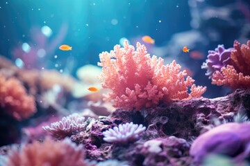 Fototapeta na wymiar Blurred background of a coral reef, ideal for text overlay - Underwater Mystery - AI Generated