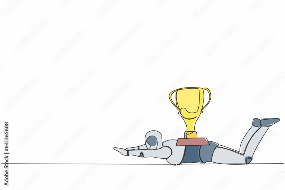 Poster continuous one line drawing stressed robot under heavy trophy burden. robot fail to achieve goals. d