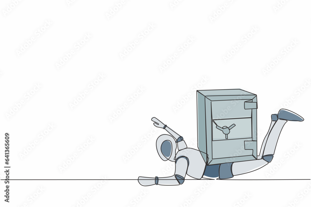 Aufkleber single one line drawing stressed robot under heavy safe deposit box burden. impact in pandemic crisi