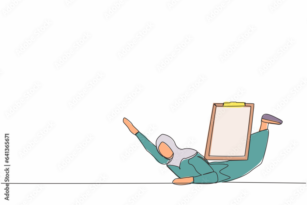 Poster single one line drawing arabian businesswoman under heavy clipboard burden. busy work with checklist