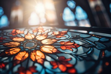 Soft-focus of a stained glass window in a church, Blurry, for text overlay - Sacred Light - AI Generated