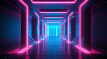 Mysterious corridor lit with neon lights, suitable for thriller film or cyberpunk themed designs, evoking a sense of intrigue.
