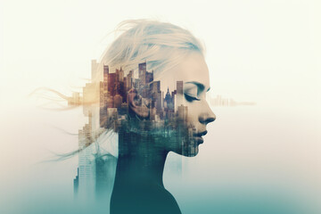 Beauty, fashion, make-up, fine art concept. Abstract minimalist beautiful woman portrait in glitch or double exposure effect. Big cityscape in exposure reflection. Muted pastel colors. Generative AI - obrazy, fototapety, plakaty