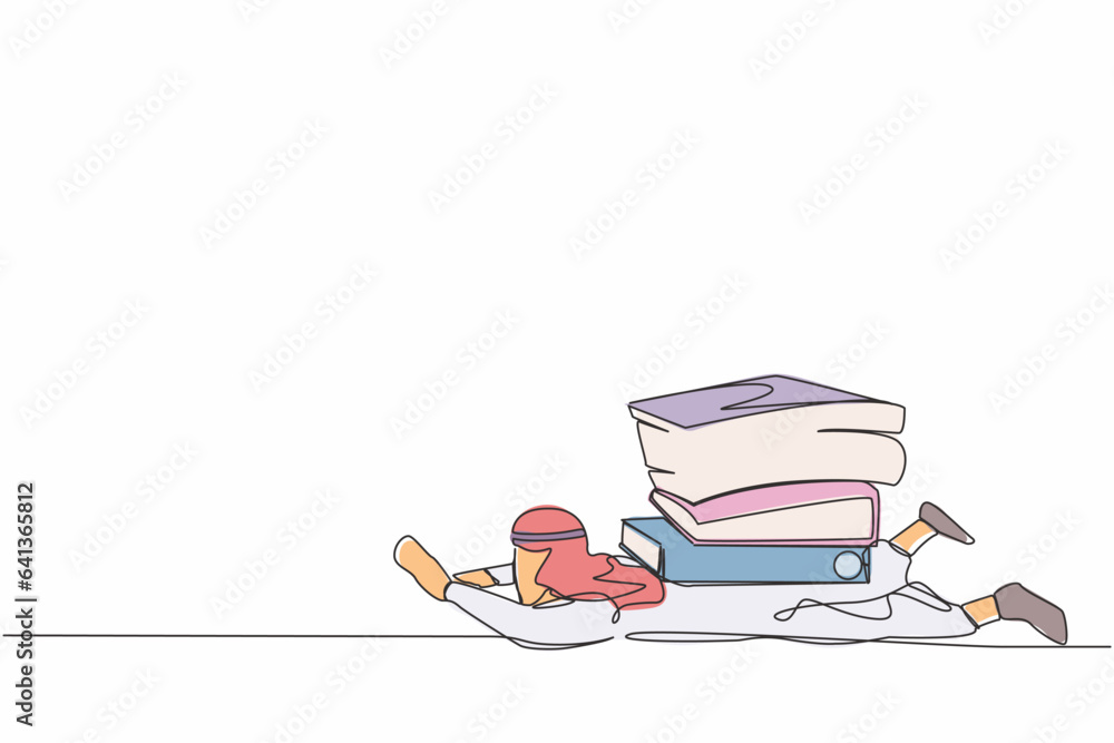 Aufkleber continuous one line drawing arab businessman under heavy pile paper folder burden. tired person cann