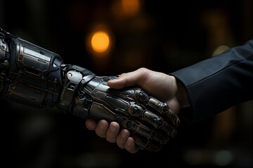 Man shaking hands with robot to demonstrate collaboration in business, technology, and artificial intelligence..