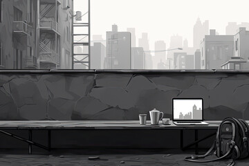 Minimalistic Digital Nomad Backdrop with Laptop - Urban Street Art Inspired Workspace Illustration