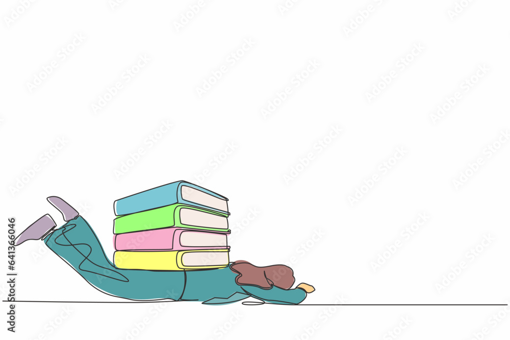 Aufkleber continuous one line drawing unhappy businesswoman under heavy pile of paper folder burden. tired per