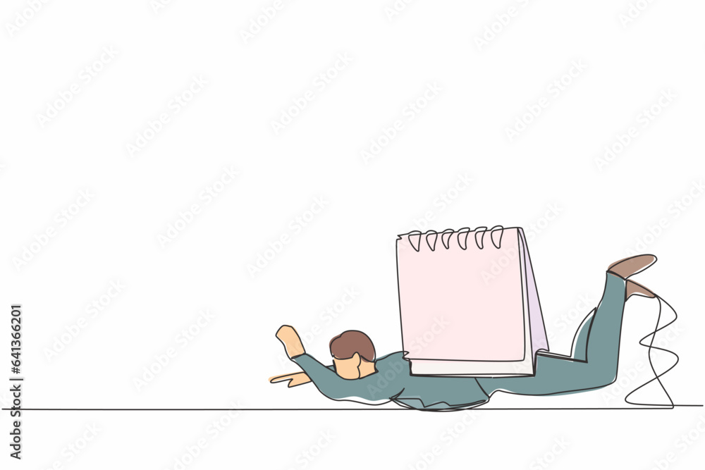 Aufkleber continuous one line drawing depressed businessman under heavy calendar burden. tired employee worker