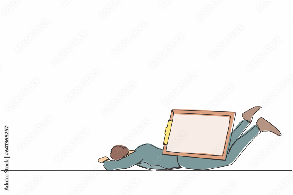 Poster continuous one line drawing depressed businessman under heavy clipboard burden. busy work with check