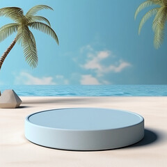 Fototapeta premium Minimal round marble podium, Aesthetic summer dais, 3D podium with a premium summer beach background, seaside sand, waves and coconut trees for product showcase, AI generated.
