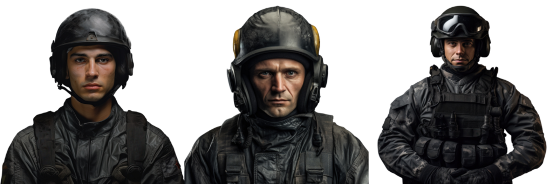 Soldier wearing a helmet and gloves depicted against a transparent background