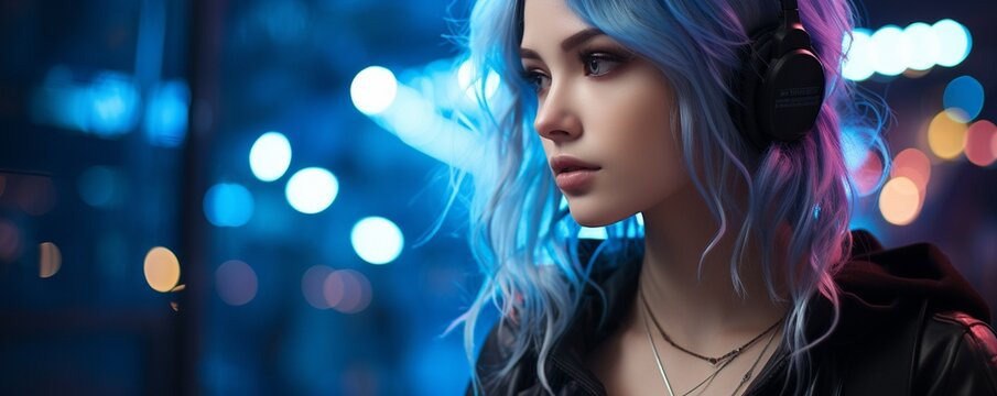 Looking at a futuristic, cybernetic city with neon lights in a stylish young cosplay model's portrait,.