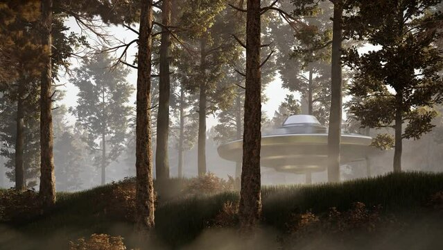 3d-render. Contact with UFO in the forest	
