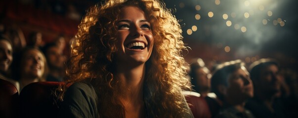 a woman chuckling during a comedy.