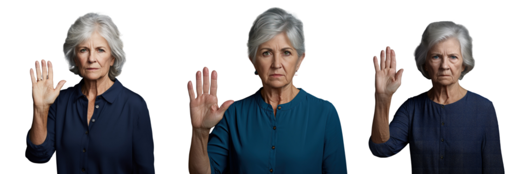 Senior woman in blue shirt rejects with serious expression studio capture refusal imagery