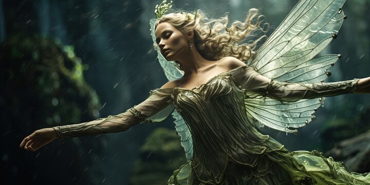 Photorealistic image of a dancing forest fairy.