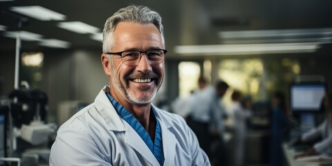 Obraz premium AI Generated. AI Generative. Adult male man doctor dentist face portrait at work place. Health care hospital center. Can be used for clinic presentation marketing