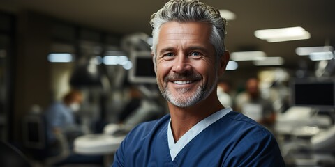 Fototapeta premium AI Generated. AI Generative. Adult male man doctor dentist face portrait at work place. Health care hospital center. Can be used for clinic presentation marketing