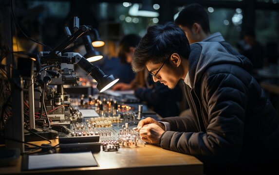 Conducting An Electronics Experiment In A University Workshop Is A Young Indian Science Student. Differentiated Young Scholar Using Microscope,.
