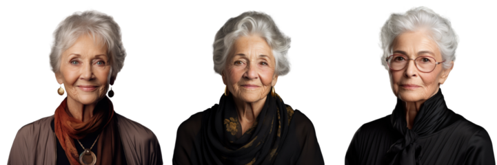 Portrayal of an elderly woman set apart on a transparent background