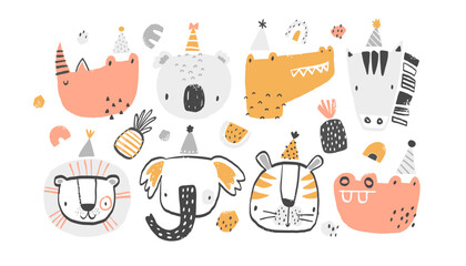 Vector set clipart collection with African, tropical animals in festive hats. Crocodile, koala, zebra, rhino, elephant, tiger, hippo, lion. Birthday, party for kids, invitation, card, baby shower.