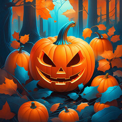 One large bright pumpkin in the center and many small pumpkins on the sides against a forest background. Generative AI.