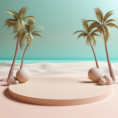 Obraz premium Minimal round marble podium, Aesthetic summer dais, 3D podium with a premium summer beach background, seaside sand, waves, shells and coconut trees for product showcase, AI generated.