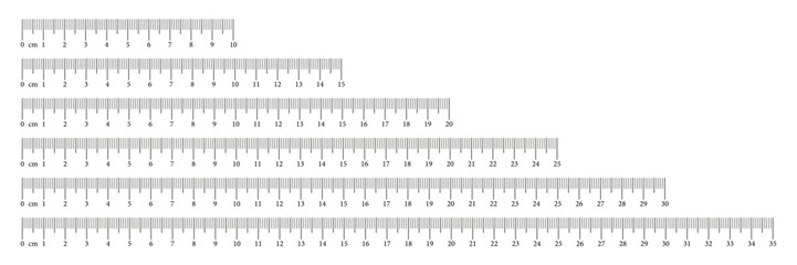 Measuring chart set with 10, 15, 20, 25, 30, 35 centimeters. Ruler scale collection with numbers. Length measurement math, distance, height, sewing tool. Vector illustration. Eps icons.