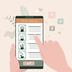 Hands uses cell phone. Character order flowers in internet. Flower delivery mobile app. Beautiful bouquets on smartphone screen, service for choosing and ordering flowers.