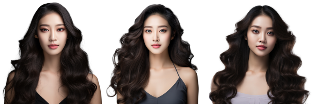 Asian woman with curly hair and Korean makeup touches her face and has flawless skin on a transparent background Includes facial treatment cosmetology and plastic surgery