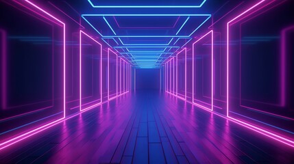 Fototapeta premium Long hallway with neon lights and black background. Suitable for Halloween, horror, thriller, suspense, or mysterious themed designs.