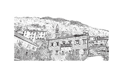 Building view with landmark of Perast is the 
town in Montenegro. Hand drawn sketch illustration in vector.