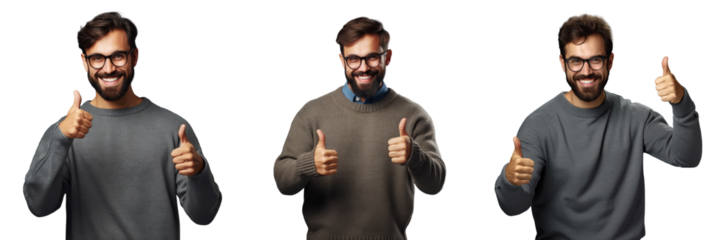 Young guy with beard casual attire glasses and joyful thumbs up expressing triumph gazing at the camera over a transparent background