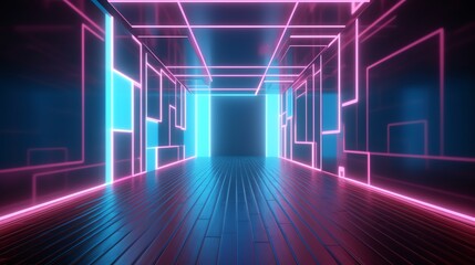 Long hallway with neon lights and black background. Suitable for Halloween, horror, thriller, suspense, or mysterious themed designs.
