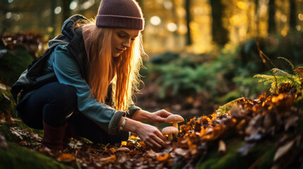 Mushroom hunting, mushrooming, mushroom picking, mushroom foraging, activity of gathering mushrooms in the wild nature. Woman picking mushroom at forest.