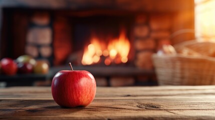 Apple on a rustic wooden table with a cozy fireplace in the background - Powered by Adobe