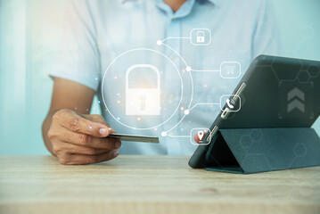 Virtual screen shopping icons online. The concept of a computer, smart phone, credit card, and...
