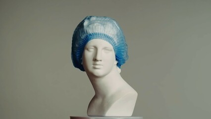 Closeup shot. Ancient marble bust statue of roman era woman in medical blue cap on a platform....